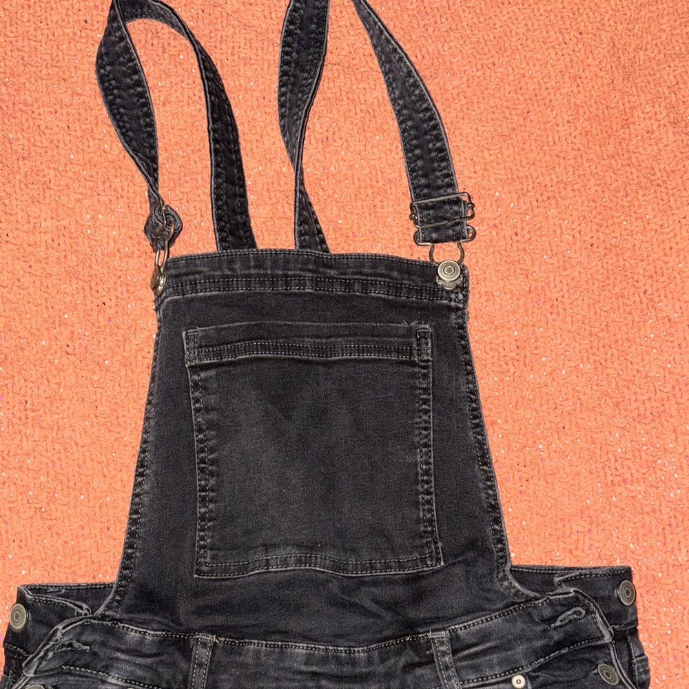 Celebrity Pink Black Distressed Denim Overalls